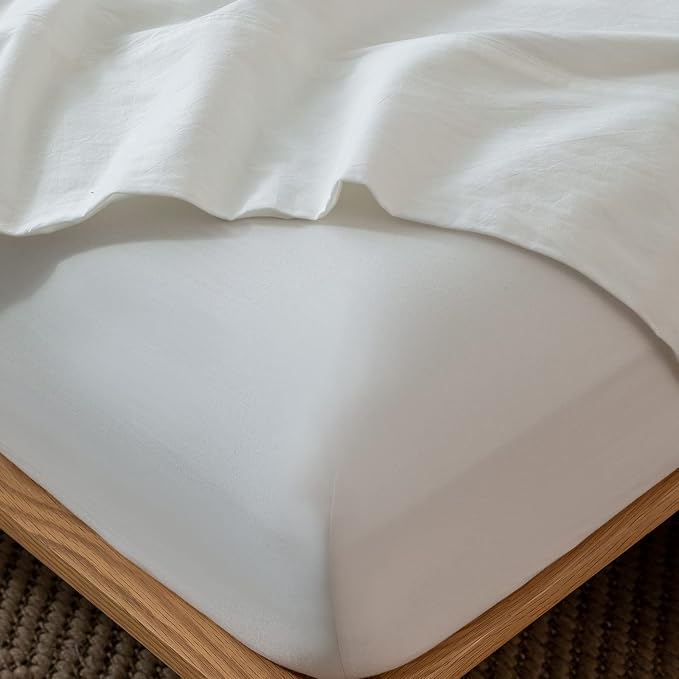 MooMee Fitted Bottom Sheet Only 100% Washed Cotton Linen Like Textured by MOOMEE