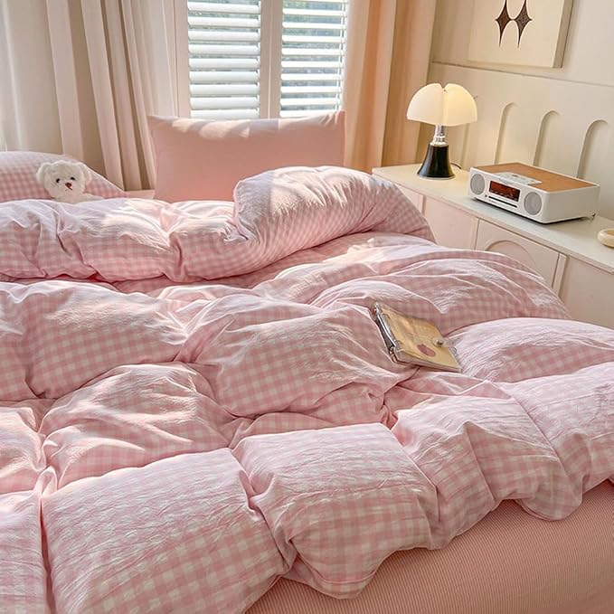Nayoroom Gingham Duvet Cover Queen Size Pink White Plaid Checkered Comforter - Image 4