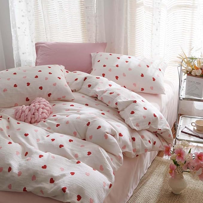Nayoroom Heart Duvet Cover Set Queen Size Red Pink Hearts Printed on White - Image 4