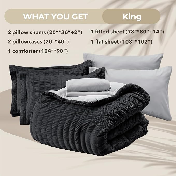 HYMOKEGE Black/Light Grey King Size Comforter Set Seersucker 7 Pieces, All - Image 5