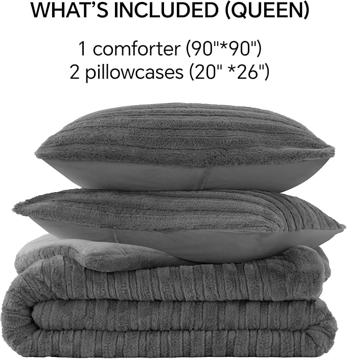 BEDELITE Fleece Queen Comforter Set -Super Soft & Warm Fluffy Grey Faux Fur - Image 8