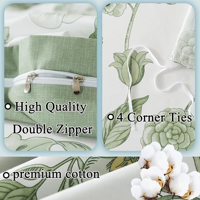 FADFAY Green Duvet Cover Set Full Floral Bedding 100% Cotton Shabby Vintage - Image 3