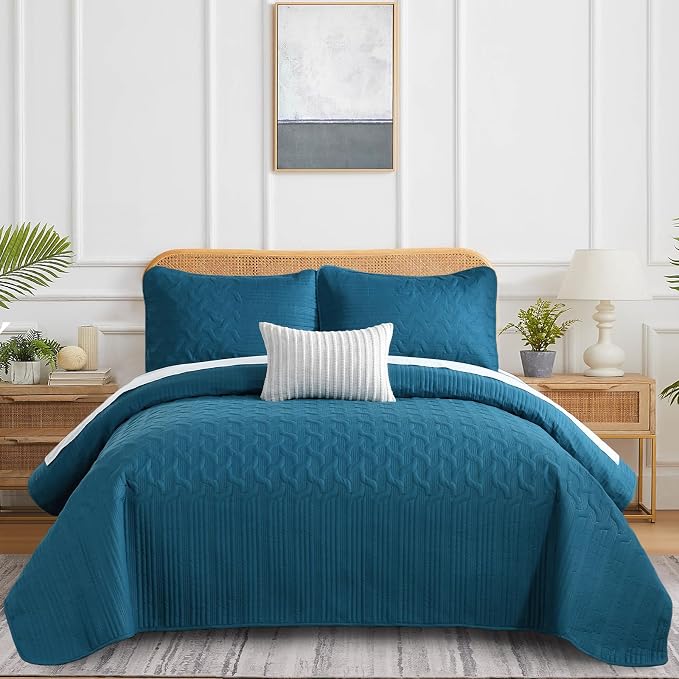 Yiran Teal Blue Quilt Set Queen Size Lightweight Bedspread Ultrasonic Wave - Image 2