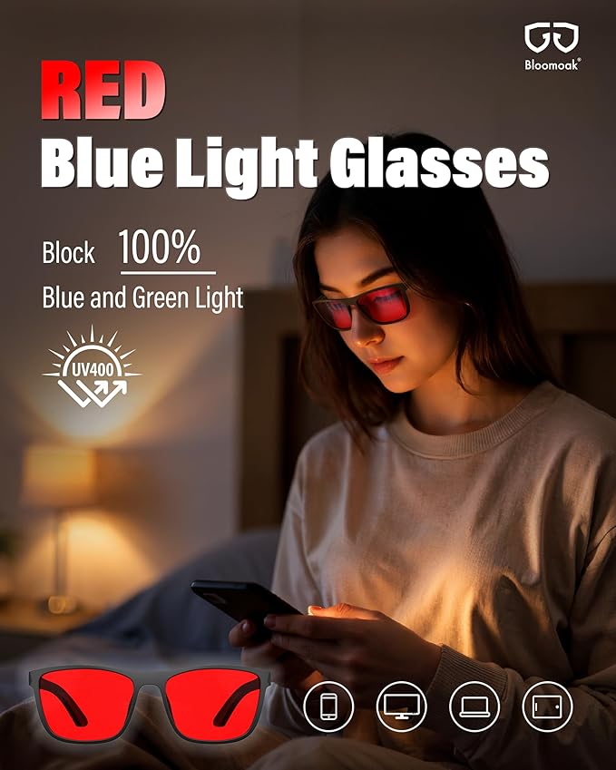 Bloomoak 100% Red Lens Blue Green Light Blocking Glasses- Dual AR Coatings - Image 2