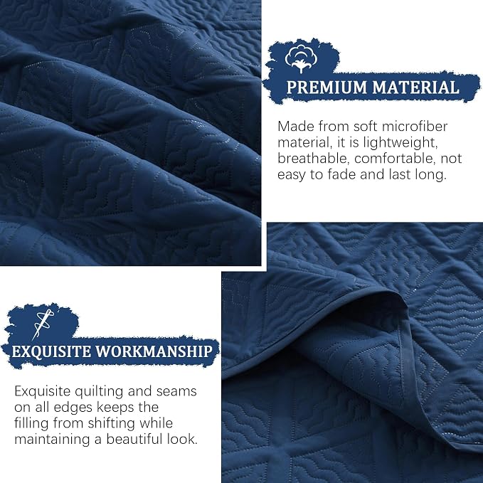 Yiran Navy Blue Quilt Set King Size Fall Bedspreads Embossed Diamond Pattern 3 - Image 6