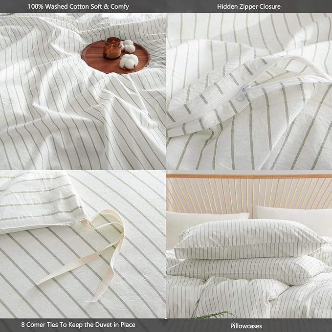 Nayoroom Striped Duvet Cover Queen Size 100% Washed Cotton White Green Stripe - Image 6
