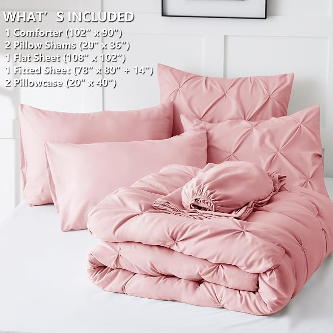 CozyLux King Size Comforter Set Pink, 7 Pieces Pintuck Bed in A Bag Pink - Image 6