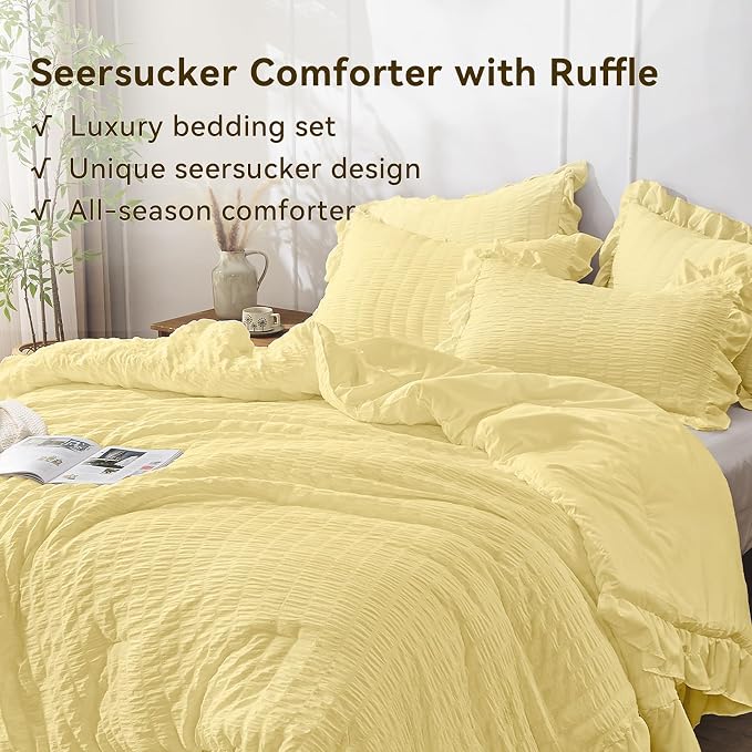 JOLLYVOGUE Twin Size Comforter Set, 2 Pieces Light Yellow Seersucker - Image 3