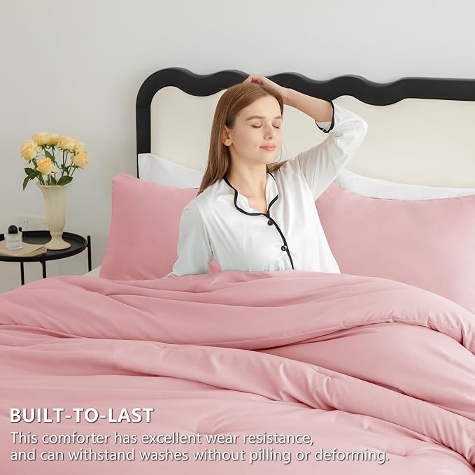 CozyLux Full Size Comforter Set Pink, 3 Pieces Solid Breathable Quilted Bedding - Image 3