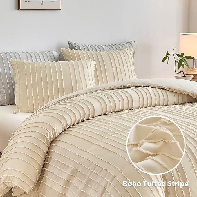 WARMDERN Khaki Boho Duvet Cover Twin Size, Striped Textured Duvet Cover Tufted - Image 2