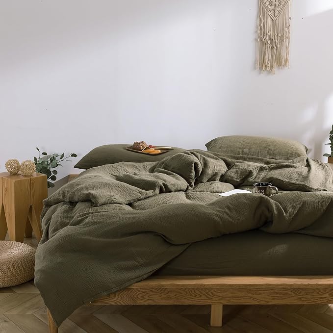 mixinni Olive Green Waffle Weave Duvet Cover Set Queen, 3-Piece 100% Natural - Image 2
