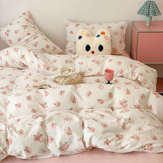 Nayoroom Pink Peach Duvet Cover Full Size Kawaii Fruit Peaches Rabbit Printed - Image 5