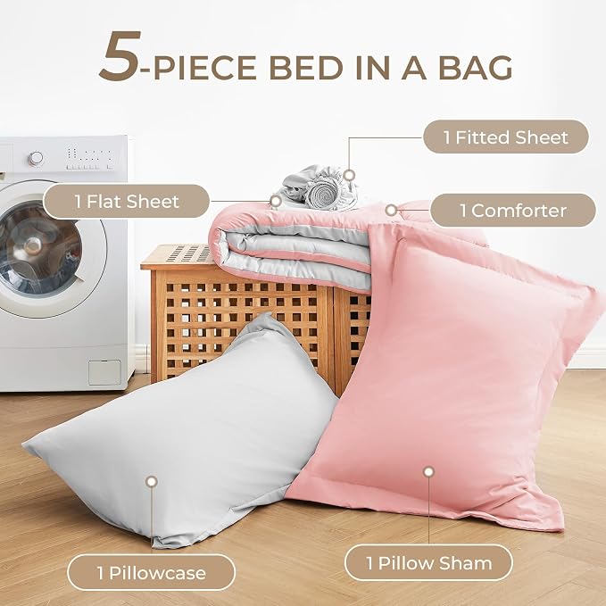 Sasttie Twin Comforter Set, 5 Pieces Reversible Bed in a Bag Twin, Complete - Image 6