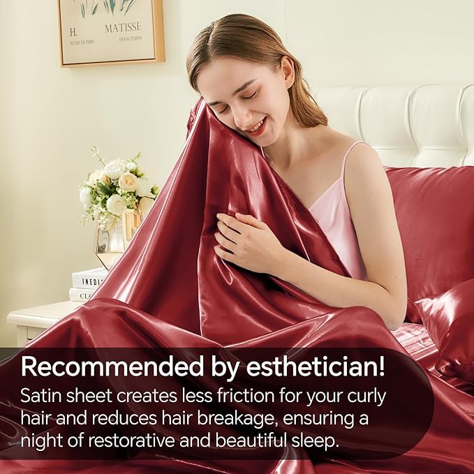 BEDELITE King Size Sheets Set, Luxury Soft Burgundy Satin Sheets - Image 4