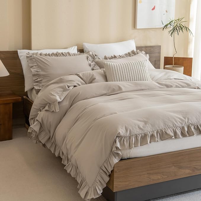 QSH Washed Cotton Queen Duvet Cover Set Ruffle Duvet Cover Linen Textured - Image 7