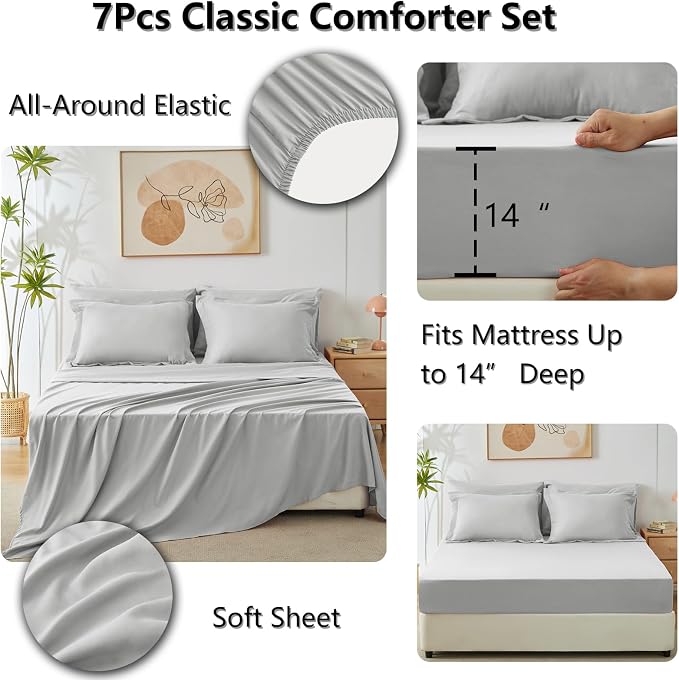CozyLux Oversized King Comforter Set Light Grey, 7 Pieces Bed in a Bag - Image 5