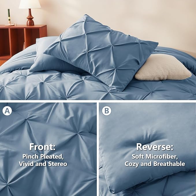 CozyLux King Size Comforter Set Grayish Blue, 7 Pieces Pintuck Bed in A Bag - Image 3