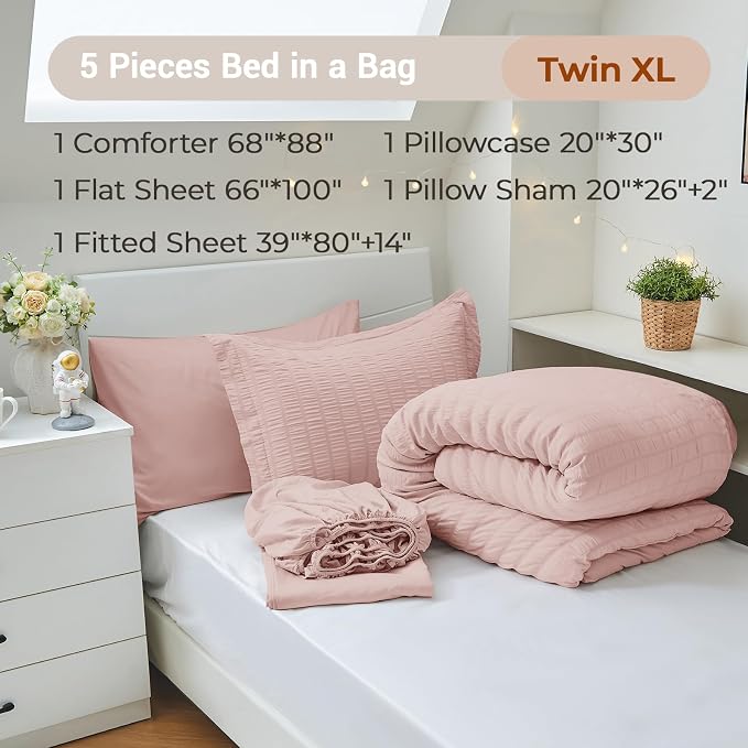 MUXHOMO 5 Pieces Twin XL Comforter Set, Seersucker Bed in a Bag Twin XL Size - Image 4