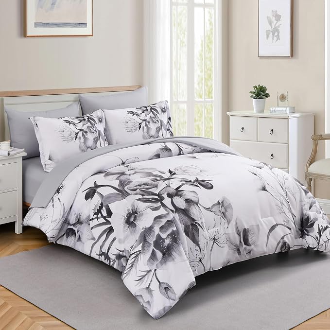 Luxudecor Floral Comforter Set Twin Size 5 Piece, Elegant Ink Comforter Bedding - Image 2