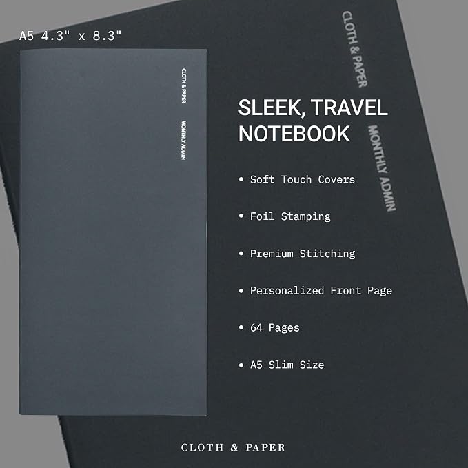 Cloth & Paper Travel Notebook | Monthly Admin – Lagoon | A5 Slim Monthly - Image 3