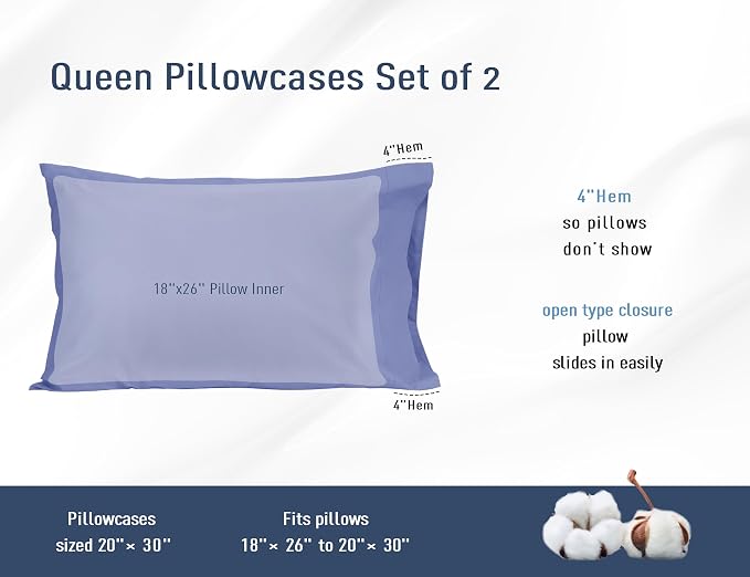Pillow Cases, Standard Queen Size Cotton Percale Weave Pillowcases, Pre-Shrunk - Image 3