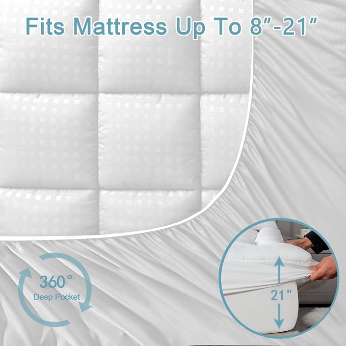 HYLEORY Full XL Mattress Pad Quilted Fitted Mattress Protector Cooling Pillow - Image 5