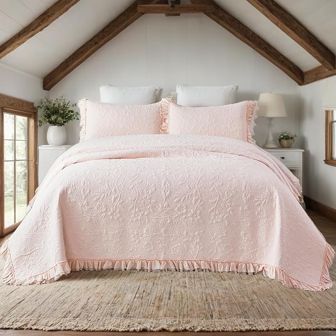 Brandream Queen Size Quilt Set Cotton Light Pink Quilts Shabby Chic Bedding - Image 7