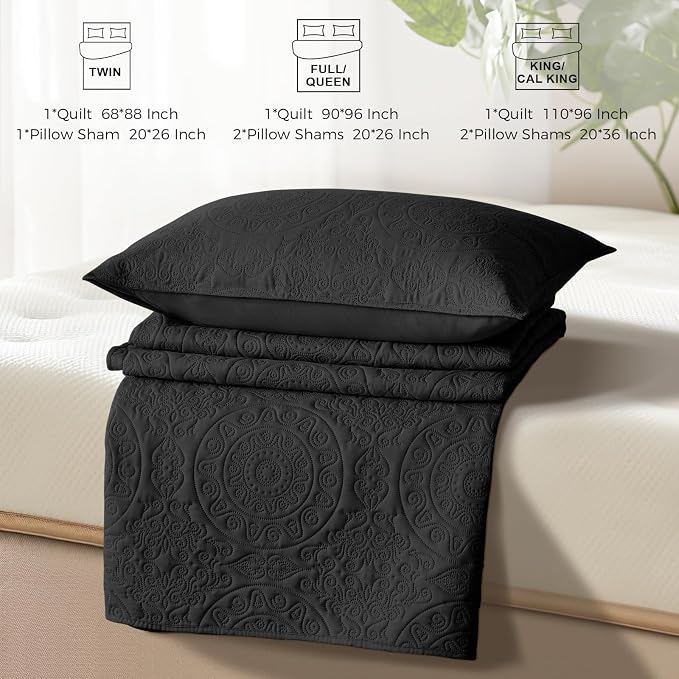 WURUIBO Black Quilt Set King/Cal King Size, Embossing Microfiber Bedspreads - Image 7