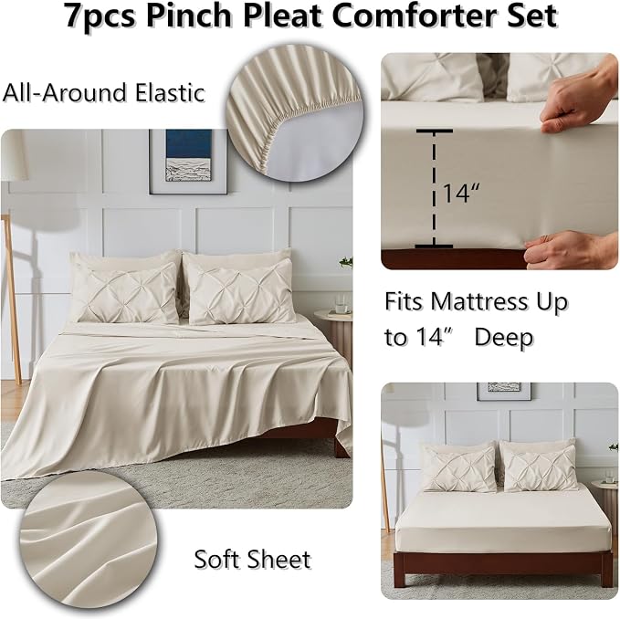HIMEET Pintuck Bed in a Bag, 7 Pieces King Size Comforter Set Beige, Luxury - Image 6