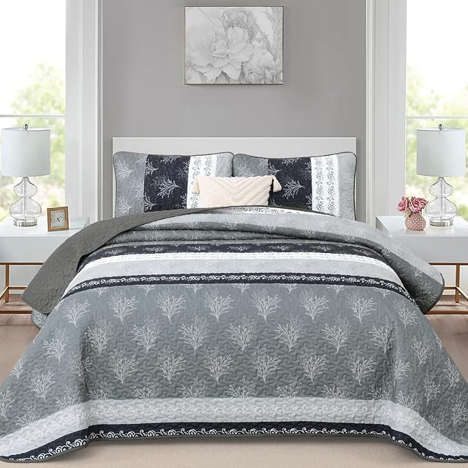 DJY Gray Quilt Set Queen Size Boho Striped Patchwork Bedspread Coverlet - Image 2