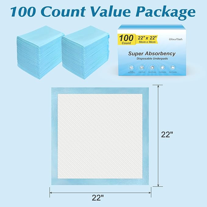 100 Count 22” x 22” Super Absorbency Disposable Underpads, Leakproof Quick - Image 7