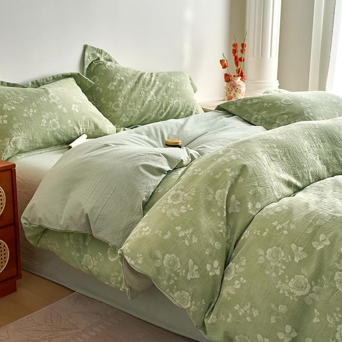 mixinni 100% Washed Cotton Cover Set, Reversible Vintage Green Floral Butterfly - Image 5