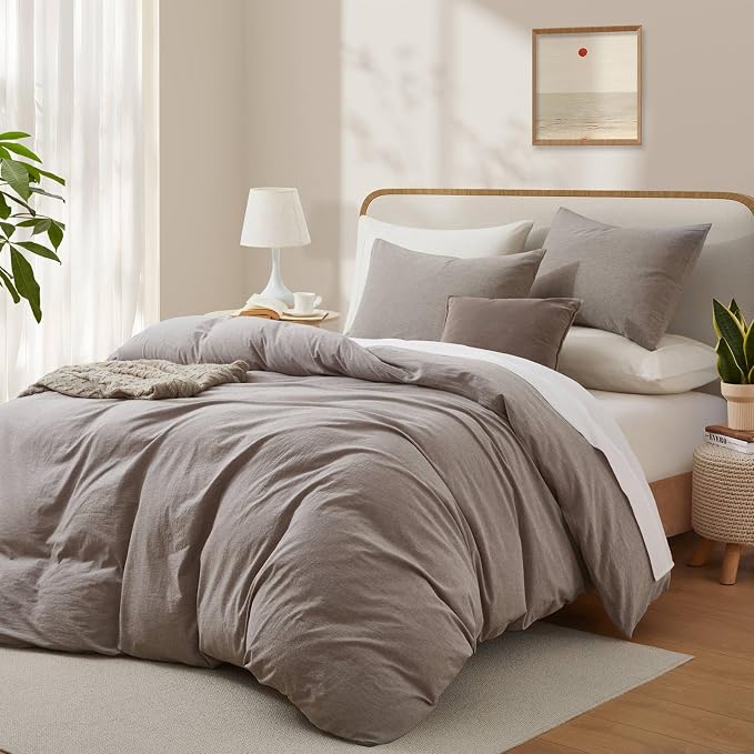 100% Cotton Duvet Cover Queen Size, Mauve Brown Linen-Like Natural Bedding Set - Image 2
