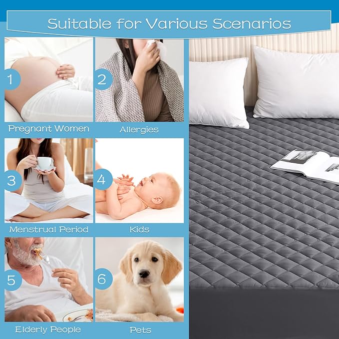 GRT Twin XL Size Grey Quilted Fitted Mattress Pad, 100% Waterproof Breathable - Image 5