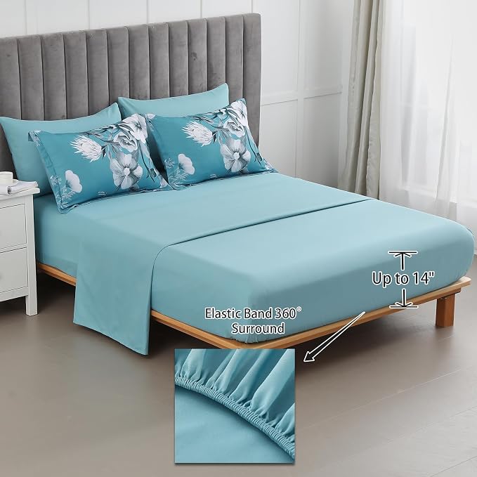 Luxudecor Floral Comforter Set King Size 7 Piece, Teal Blue Flower Bed in a Bag - Image 4