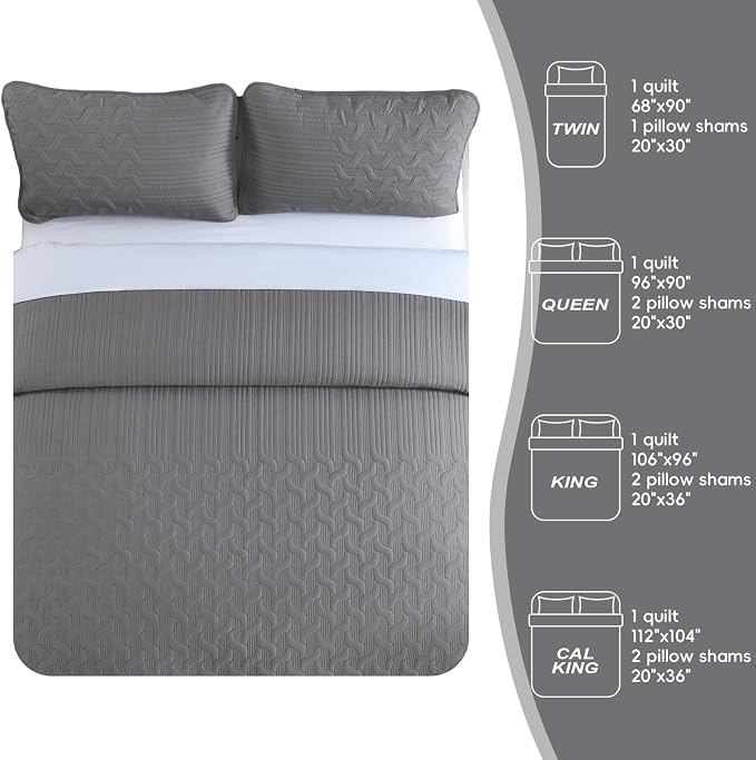 Yiran Grey Quilt Set Queen Size Lightweight Bedspread Ultrasonic Wave Pattern - Image 7