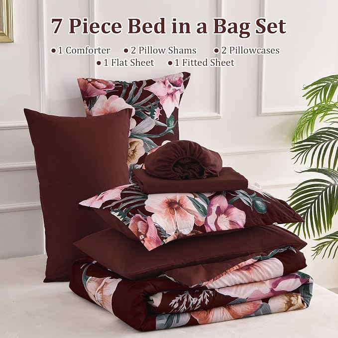 Luxudecor Burgundy Floral Comforter Set Queen Size 7 Piece, Flower Bed in a Bag - Image 7