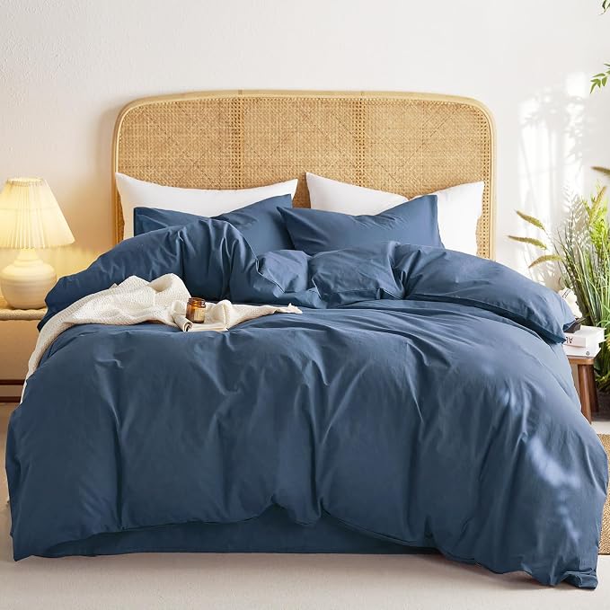 Wake In Cloud - Cotton Duvet Cover Set, Full Size, Dark Navy Blue, 100% Washed - Image 8
