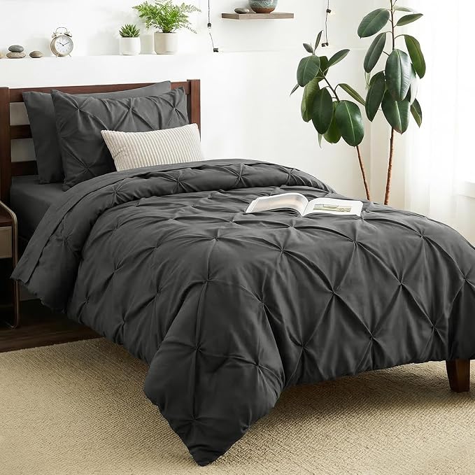 CozyLux Twin XL Comforter Set Dark Grey, 5 Pieces Twin Extra Long Pintuck Bed by CozyLux