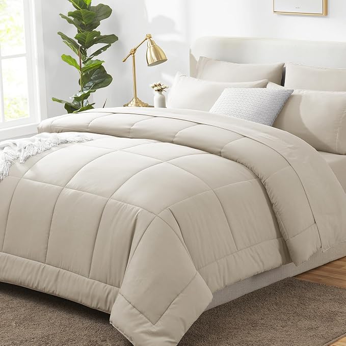 CozyLux Oversized King Comforter Sets Beige, 7 Pieces Bed in a Bag, Ultra-Soft by CozyLux