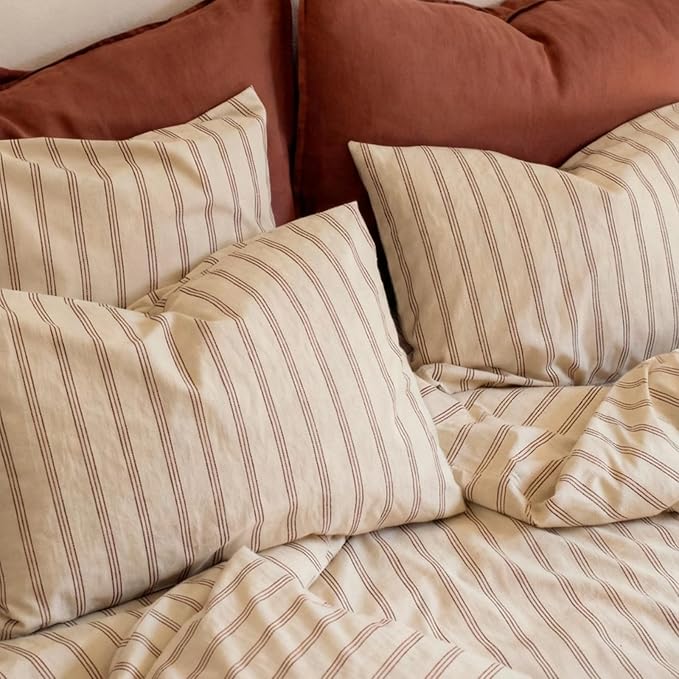 mixinni Striped Duvet Cover Set Full Size, 3 Piece Cotton Linen Blend Bedding by mixinni