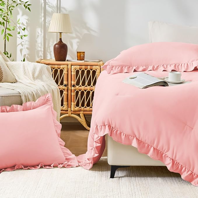 FUANNA Full Size Comforter Sets Pink, 3 Pieces Ruffle Full Size Bedding Sets - Image 8