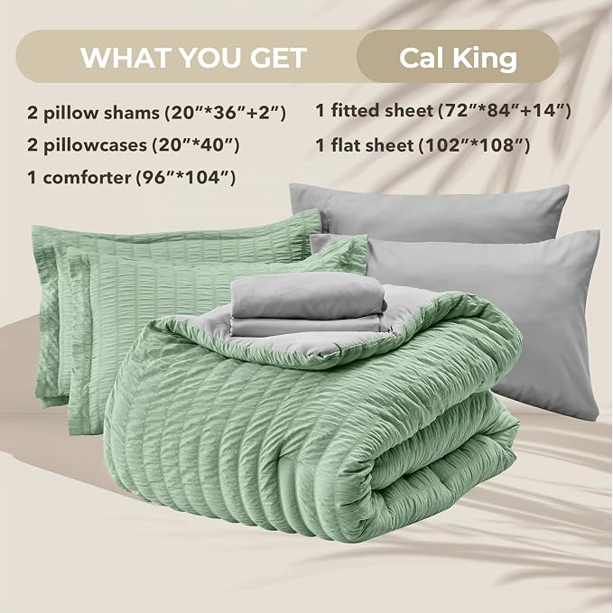 HYMOKEGE Sage Green/Light Grey California King Comforter Set Seersucker 7 Pieces - Image 6