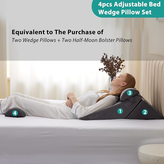 Bedluxe Adjustable 4pcs Bed Wedge Pillow Set, Memory Foam Wedge Pillows Post - Image 5