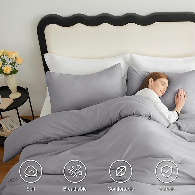 CozyLux Full Size Comforter Set Grey, 3 Pieces Solid Breathable Quilted Bedding - Image 5