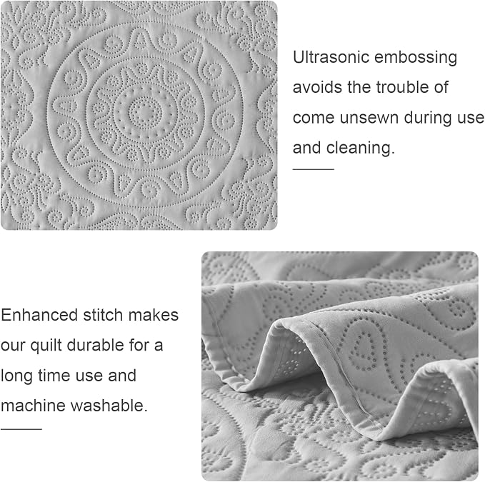 WURUIBO Light Gray Quilt Set Queen Size, Embossing Microfiber Full Bedspreads - Image 4