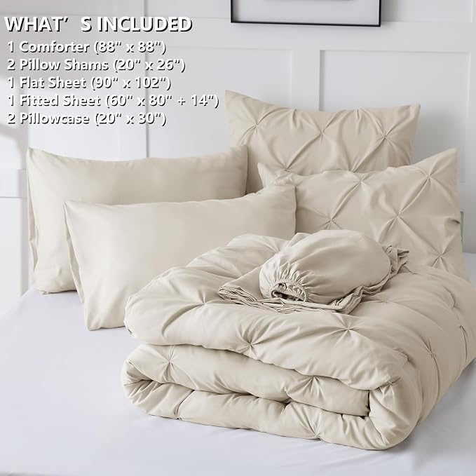 CozyLux Queen Comforter Set Oatmeal, 7 Pieces Pintuck Bed in A Bag, Premium - Image 6
