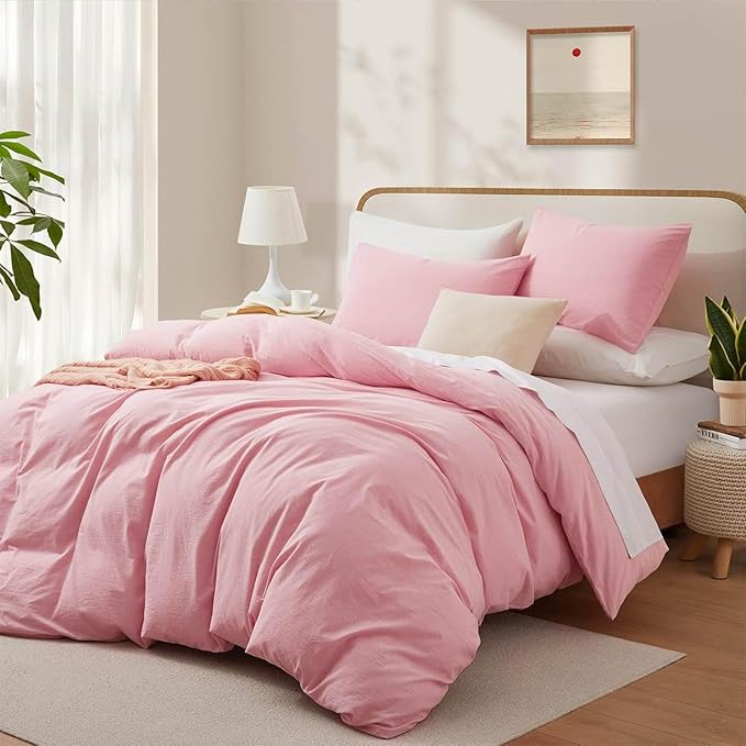 LOVQUE Pink Cotton Duvet Cover Queen Size, Linen Like Natural Bedding Set - Image 2