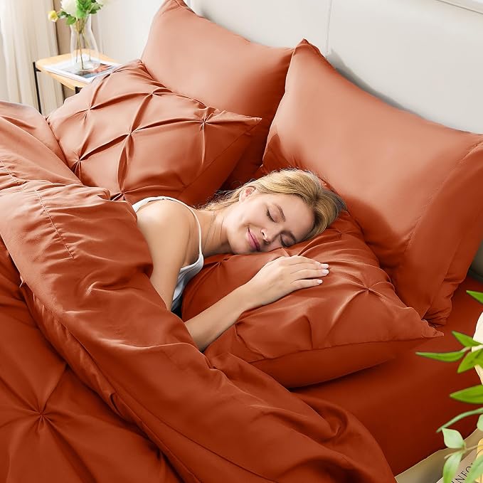 HIMEET Pintuck Bed in a Bag, 7 Pieces Queen Size Comforter Set Burnt Orange - Image 7