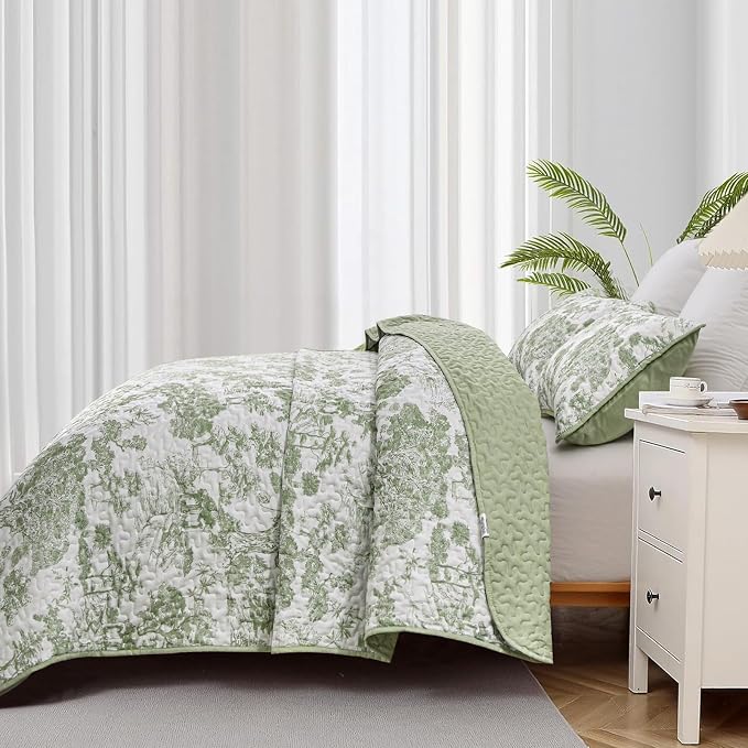 WONGS BEDDING Botanical Quilt Set Full Size, Sage Green 3 Pieces Toile Floral - Image 4